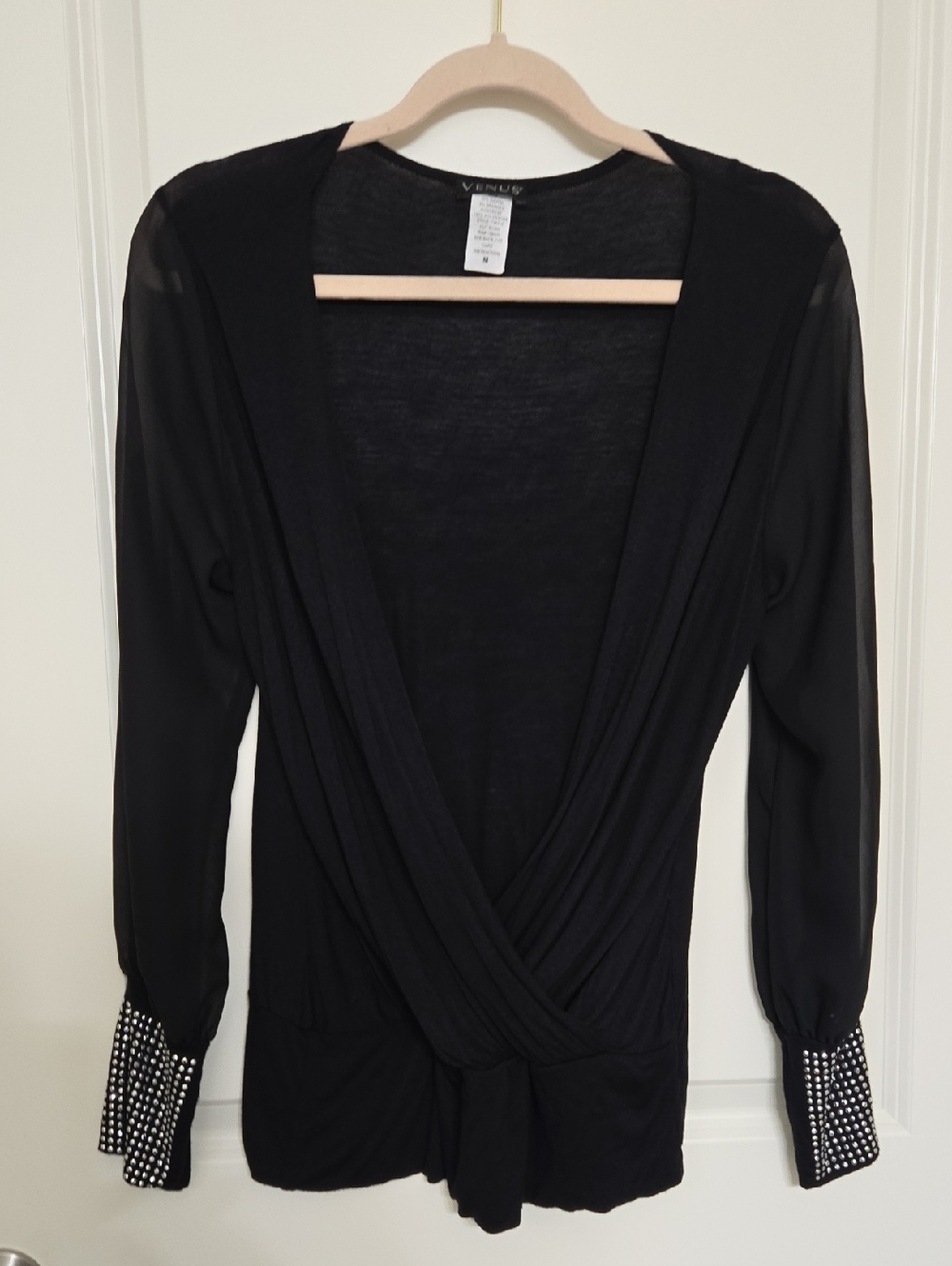 VENUS Black Long Sleeve Surplice Top with Studded Cuffs